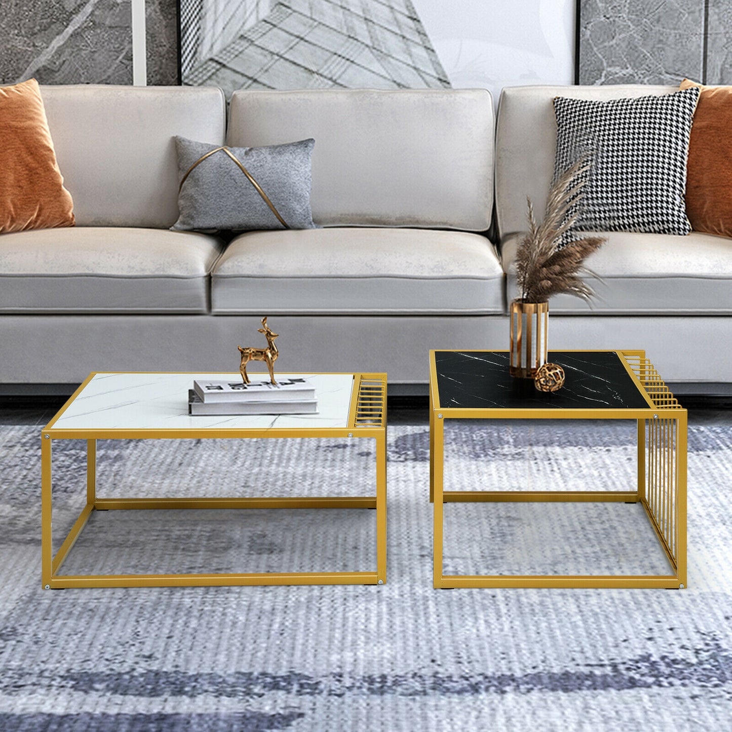 Modern Coffee Nesting Table Set Waterproof Faux Marble
