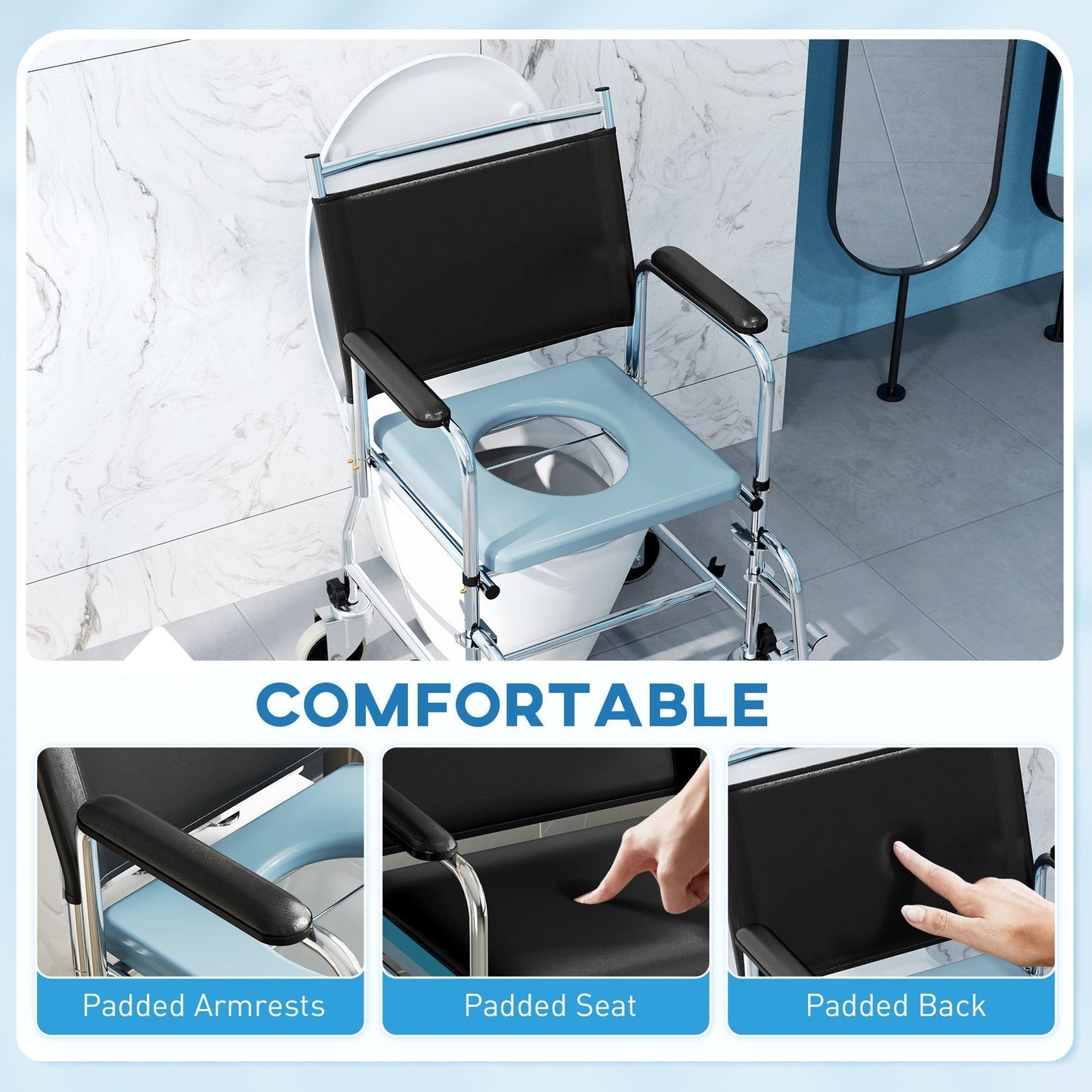HOMCOM 3-In-1 Commode Wheelchair - Black