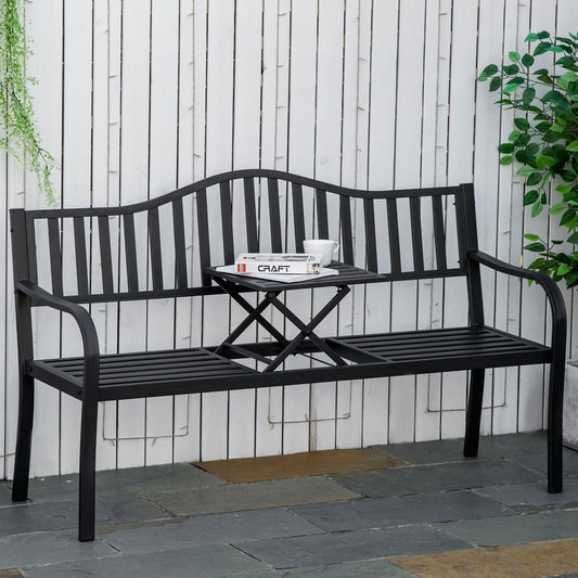 Outsunny Metal Outdoor Bench with Liftable Middle Table, Patio Loveseat, Garden Bench for Garden, Porch, Seats 2â3 People, Black