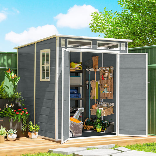 Outsunny 6 x 6 ft Plastic Garden Shed, Wood-Effect Outdoor Storage Shed with Floor, Windows, Lockable Doors and Vents, Grey