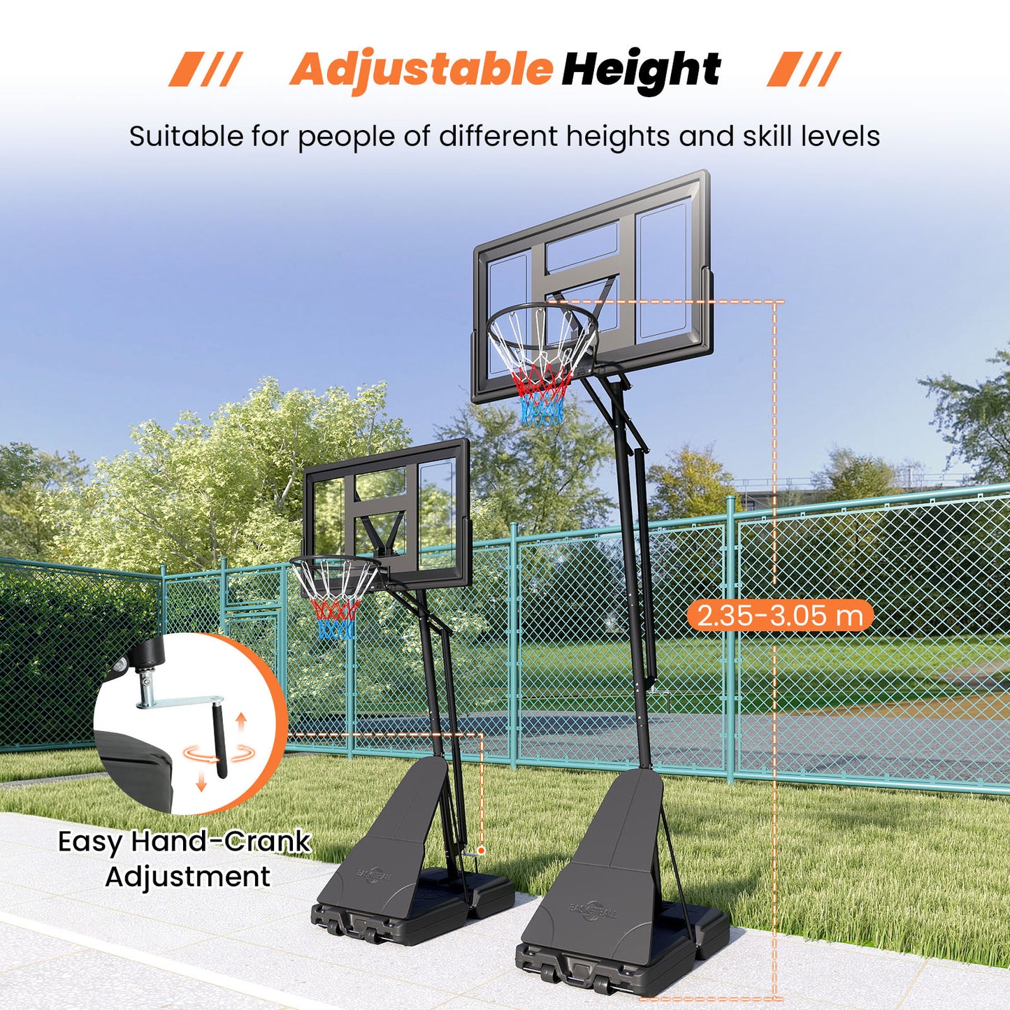 2.35-3.05M Outdoor Basketball Hoop Tool-Free Adjustable with PC Backboard