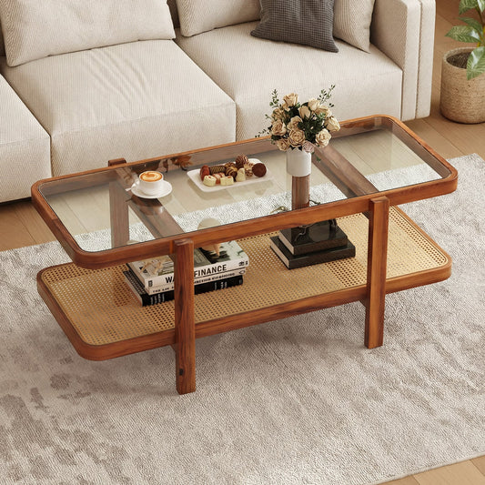 2-Tier Coffee Table with Storage Rectangular Center Table with Tempered Glass Top-Brown