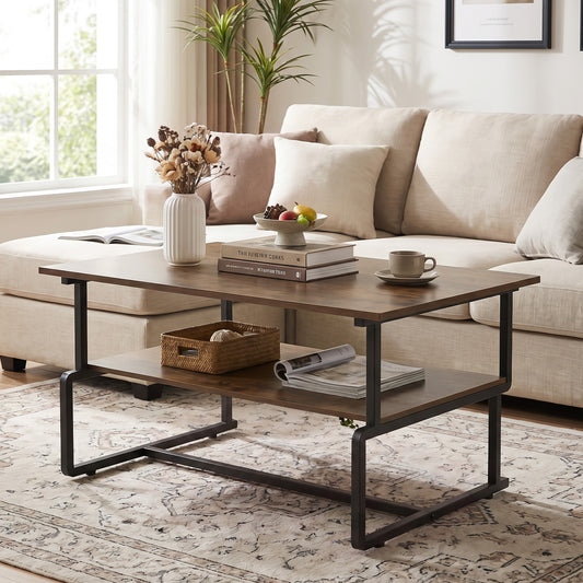 2-Tier Industrial Coffee Table with Heavy-Duty Metal Frame for Small Spaces-Rustic Brown