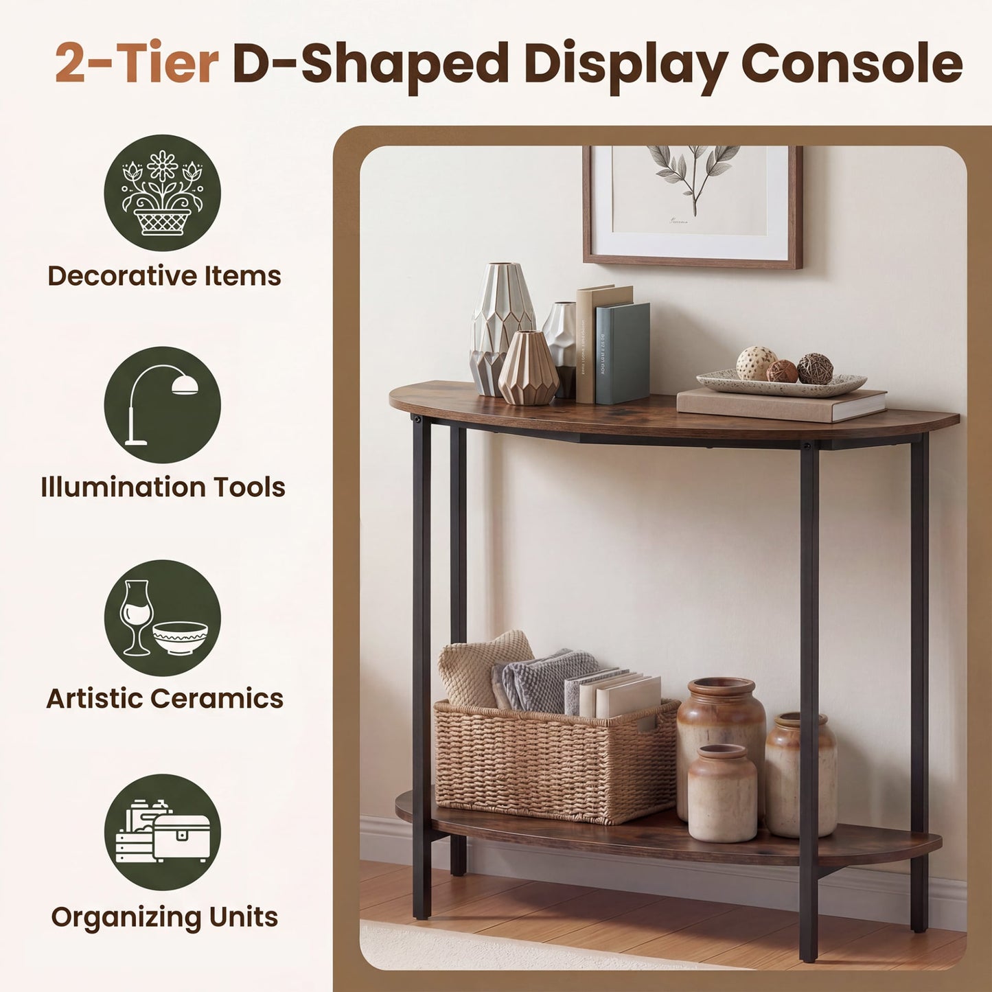2-Tier Industrial Sofa Couch Table with Open Storage Shelf and Heavy-duty Metal Frame-Rustic Brown