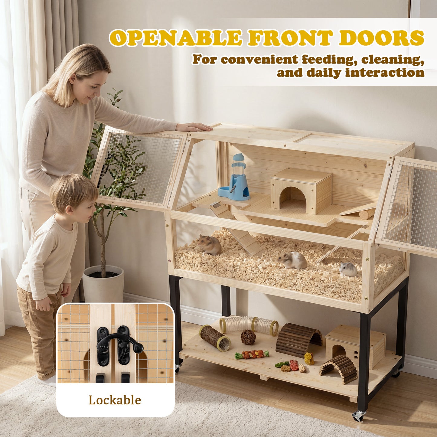 2-Tier Small Animal Habitat with Acrylic Windows Lockable Casters and Storage Shelf-Natrual