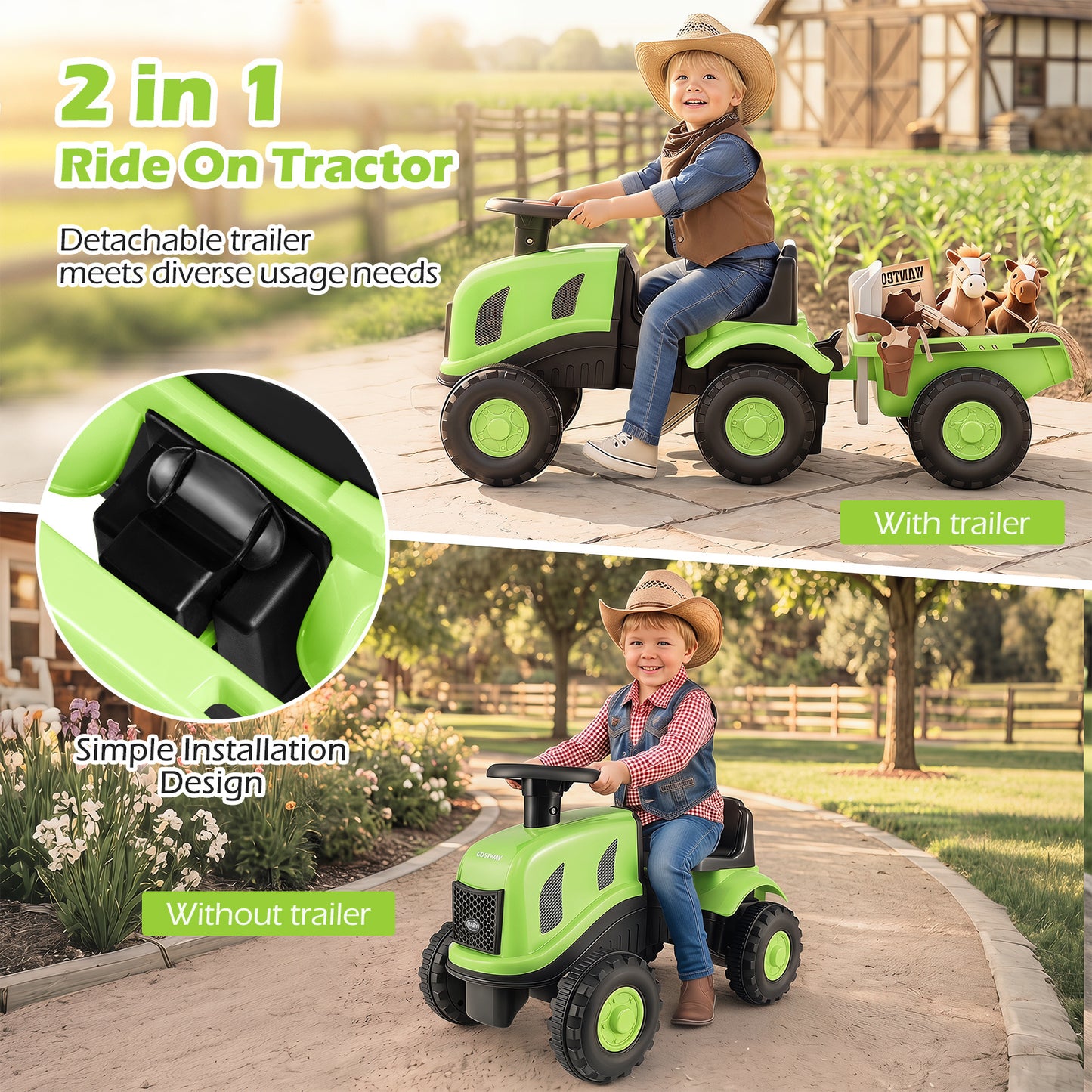 2-in-1 Ride on Tractor with Detachable Trailer Foot-to-Floor Sliding Car with Air Horn-Green