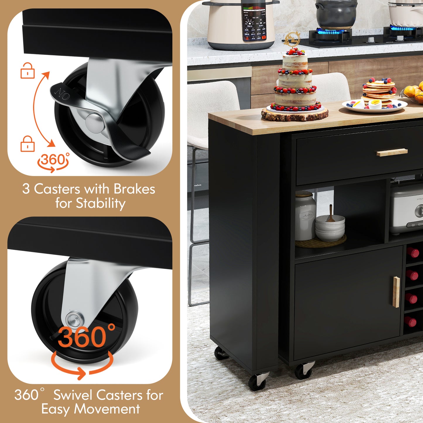 2-in-1 Kitchen Island Cart with Rubber Wood Top-Black