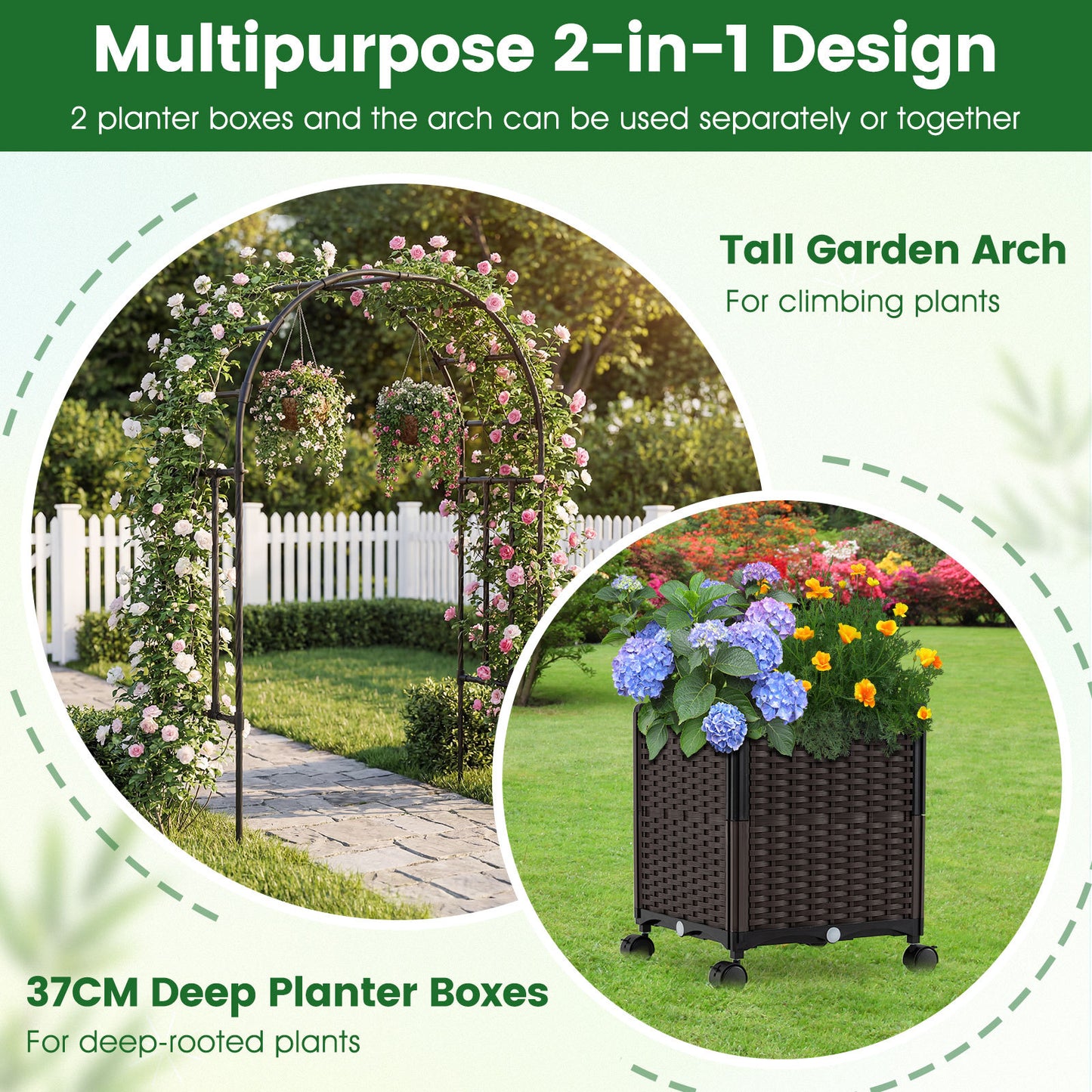 200cm Garden Arch Trellis with 2 Planter Boxes for Climbing Plants