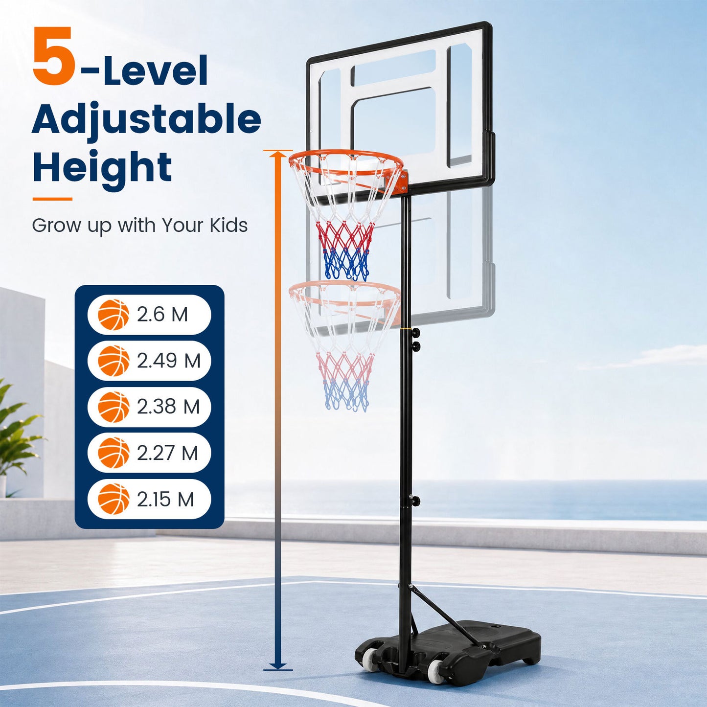 215-260 cm Rim Height Adjustable Basketball Hoop Outdoor with Clear PET Backboard and Wheels for Teens Youth