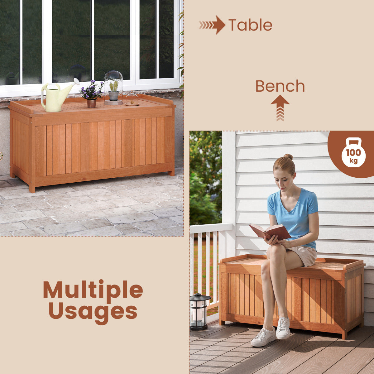 220L Wood Deck Box 3-in-1 Patio Storage Bench Stool with Flip Top for Cushions