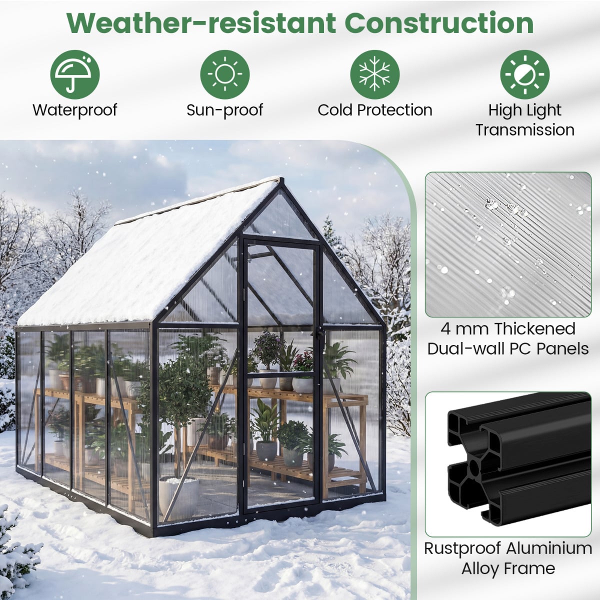 225 x 170CM Large Walk-in Aluminum Greenhouse-Transparent