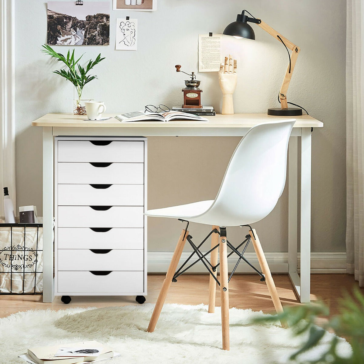 Mobile File Cabinet with 7 Drawer and wheels-White