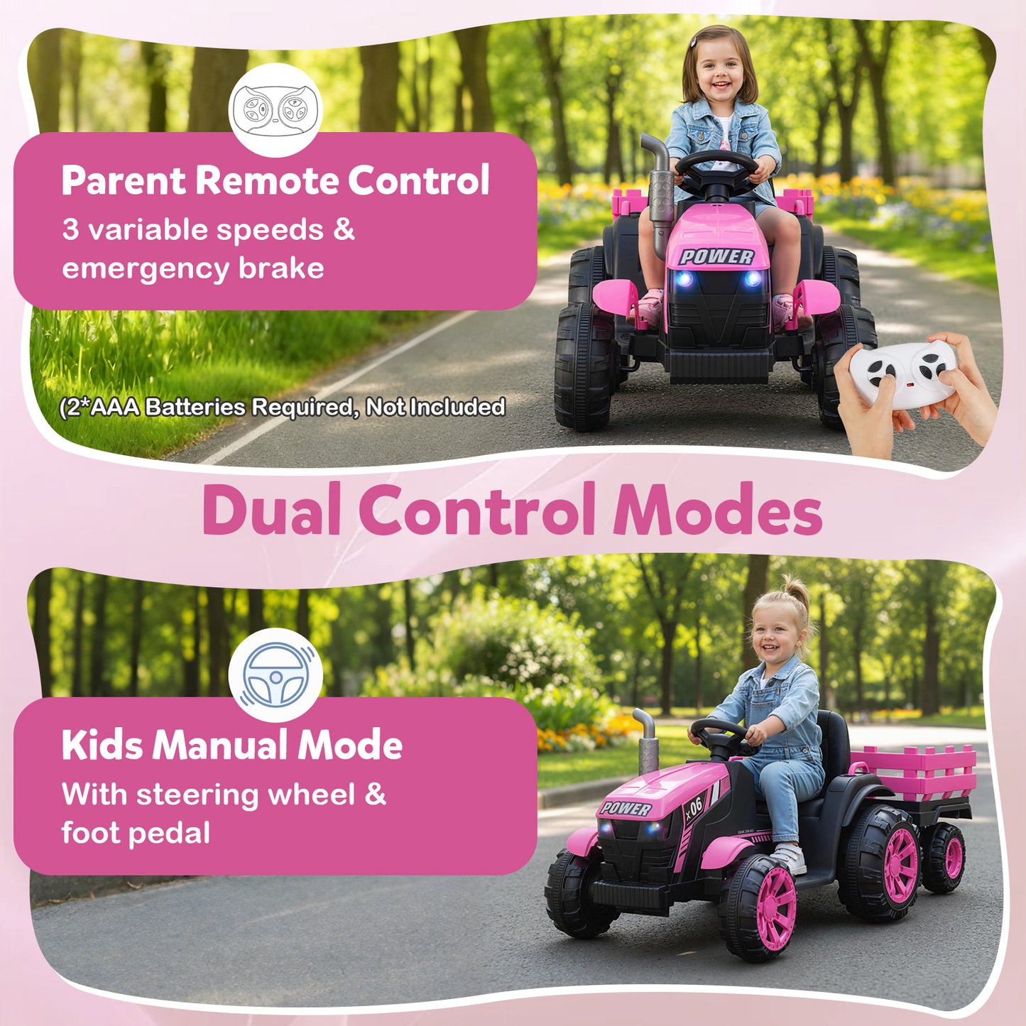 24V Ride On Tractor with RGB LED Headlights and Parent Remote Control-Pink