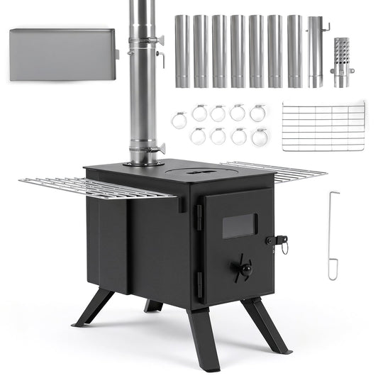 257 cm Wood Burning Stove with 8 Chimney Pipes and Spark Arrestor-Black