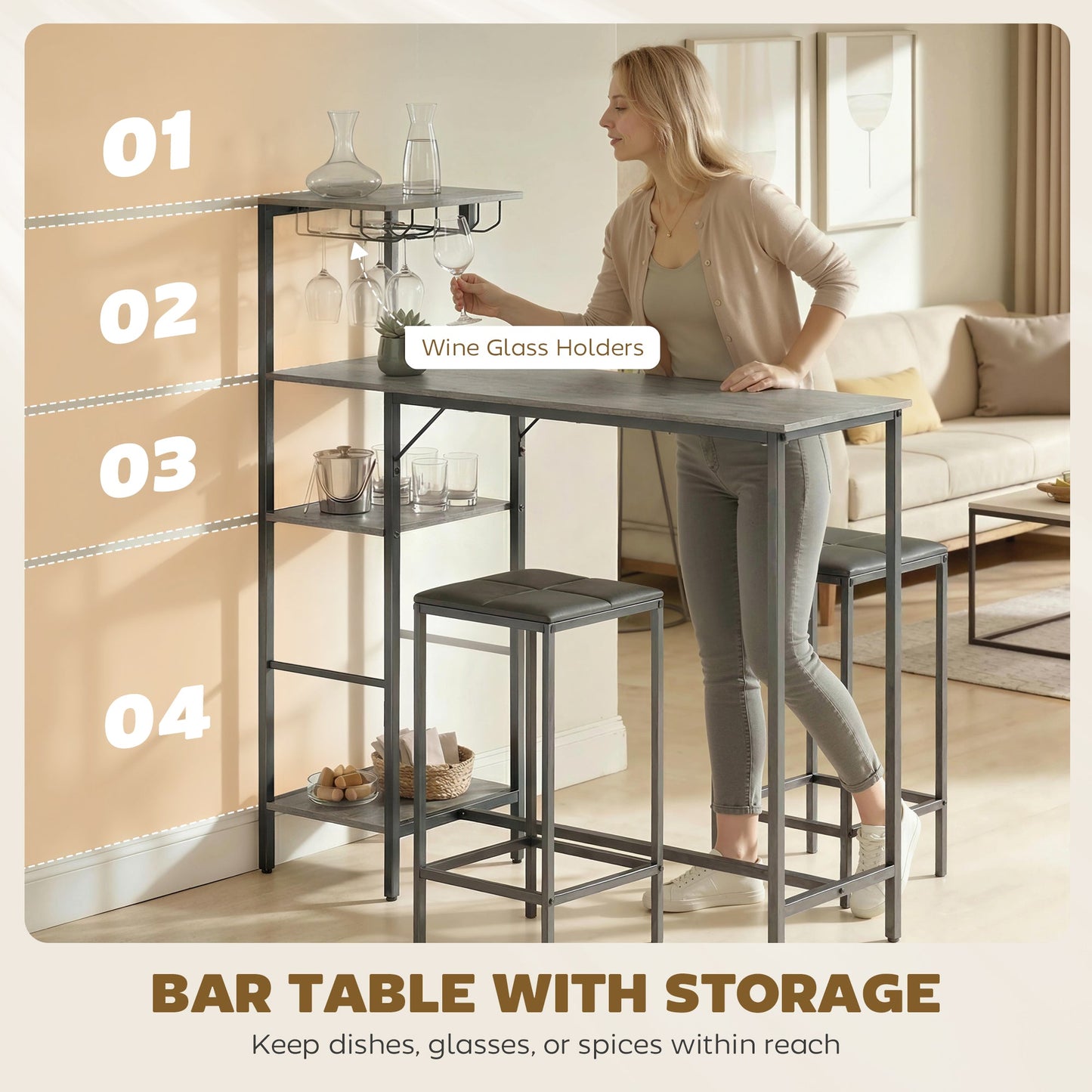 HOMCOM 3 Piece Breakfast Bar Table and Stools Set, Washed Grey