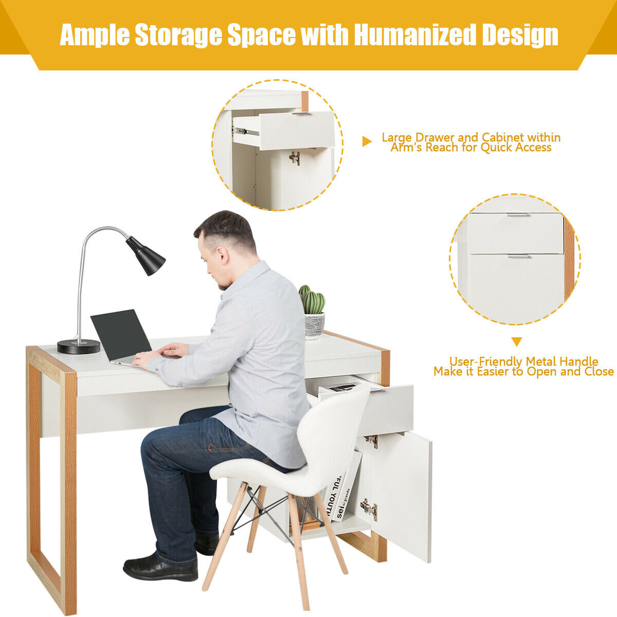 Wooden Computer Desk with Drawer and Cabinet for Home Office-White