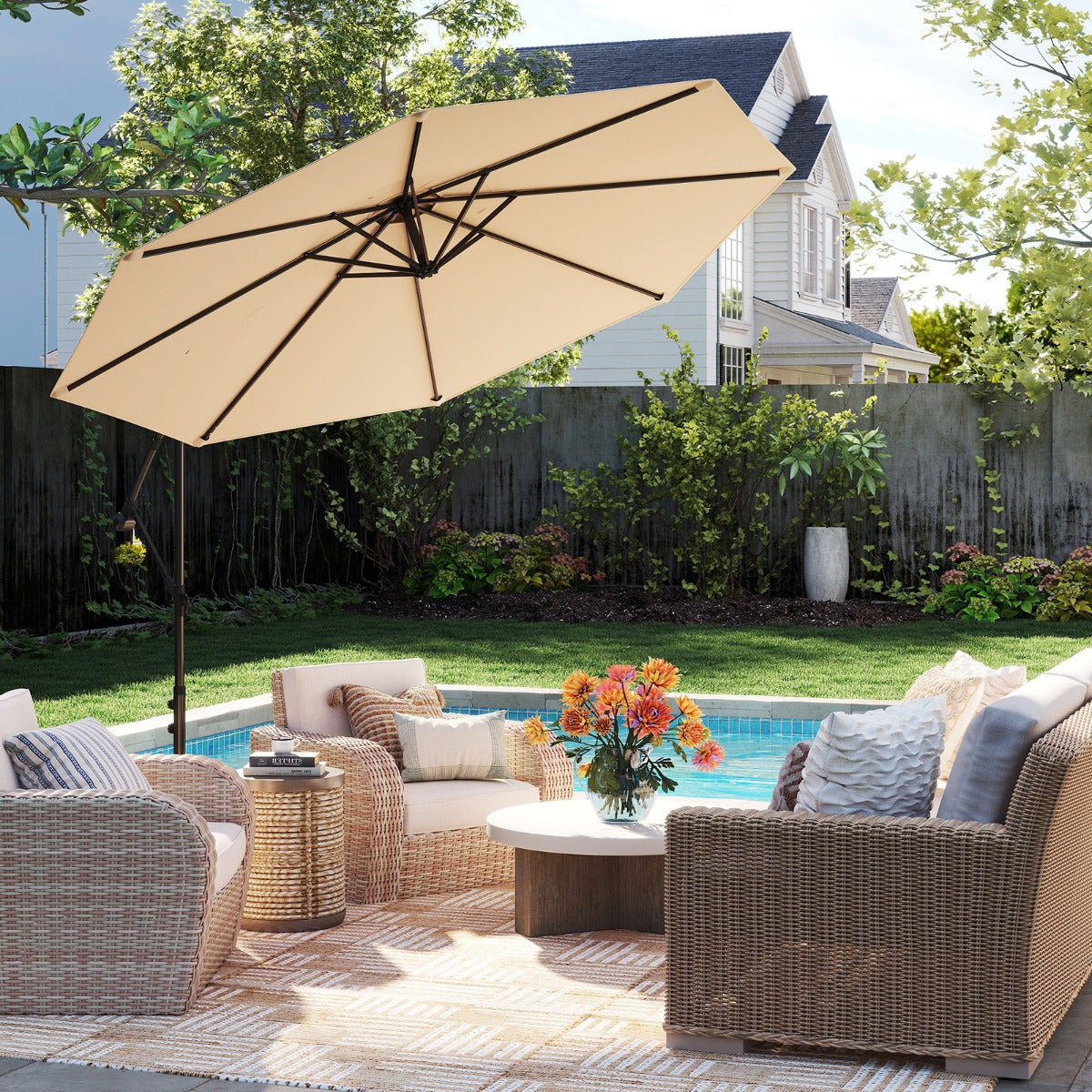 295 cm Patio Offset Umbrella with Easy Tilt Adjustment and Crossed Base-Beige
