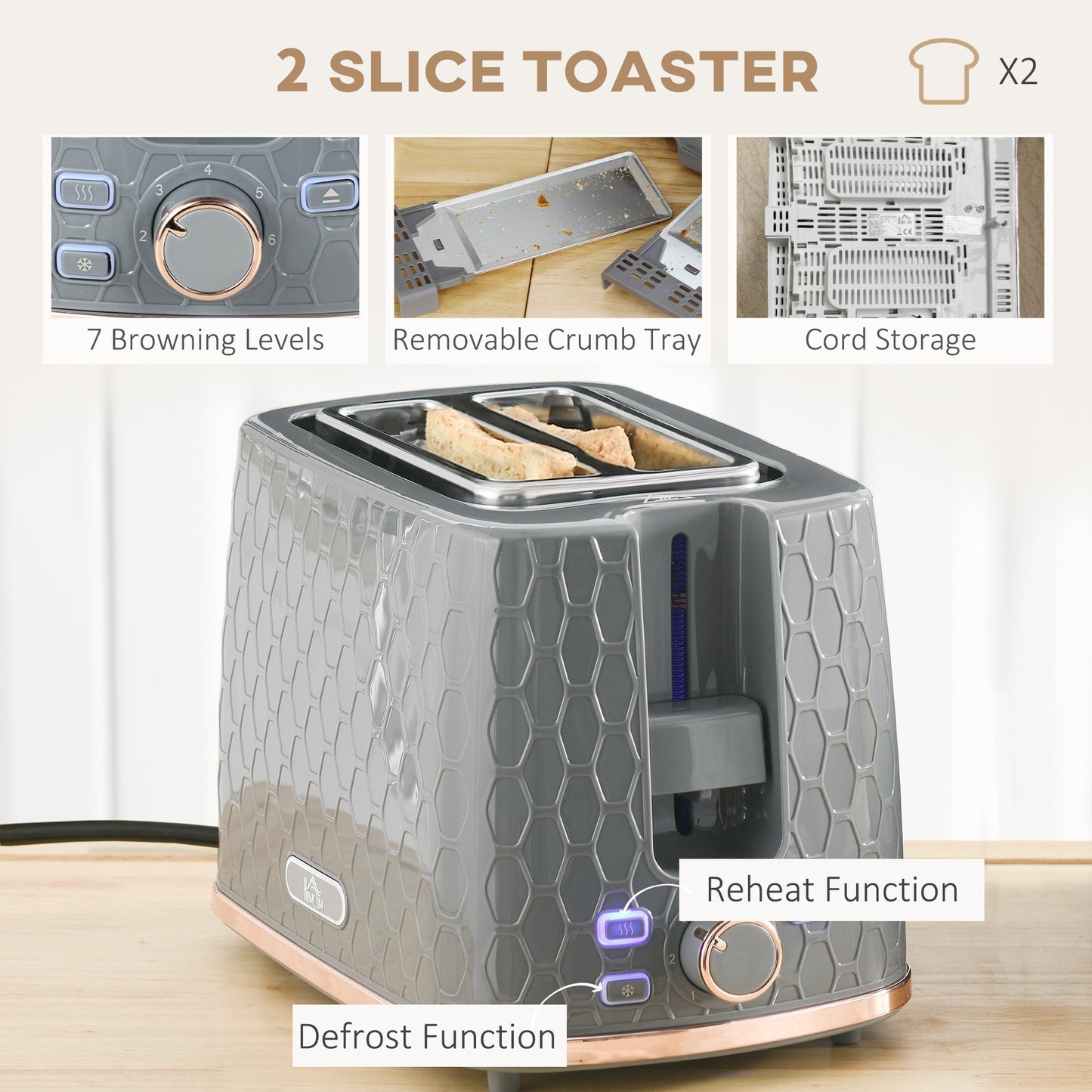 HOMCOM 1.7L 3000W Fast Boil Kettle & 2 Slice Toaster Set, Kettle and Toaster Set with Auto Shut Off, Browning Controls, Grey