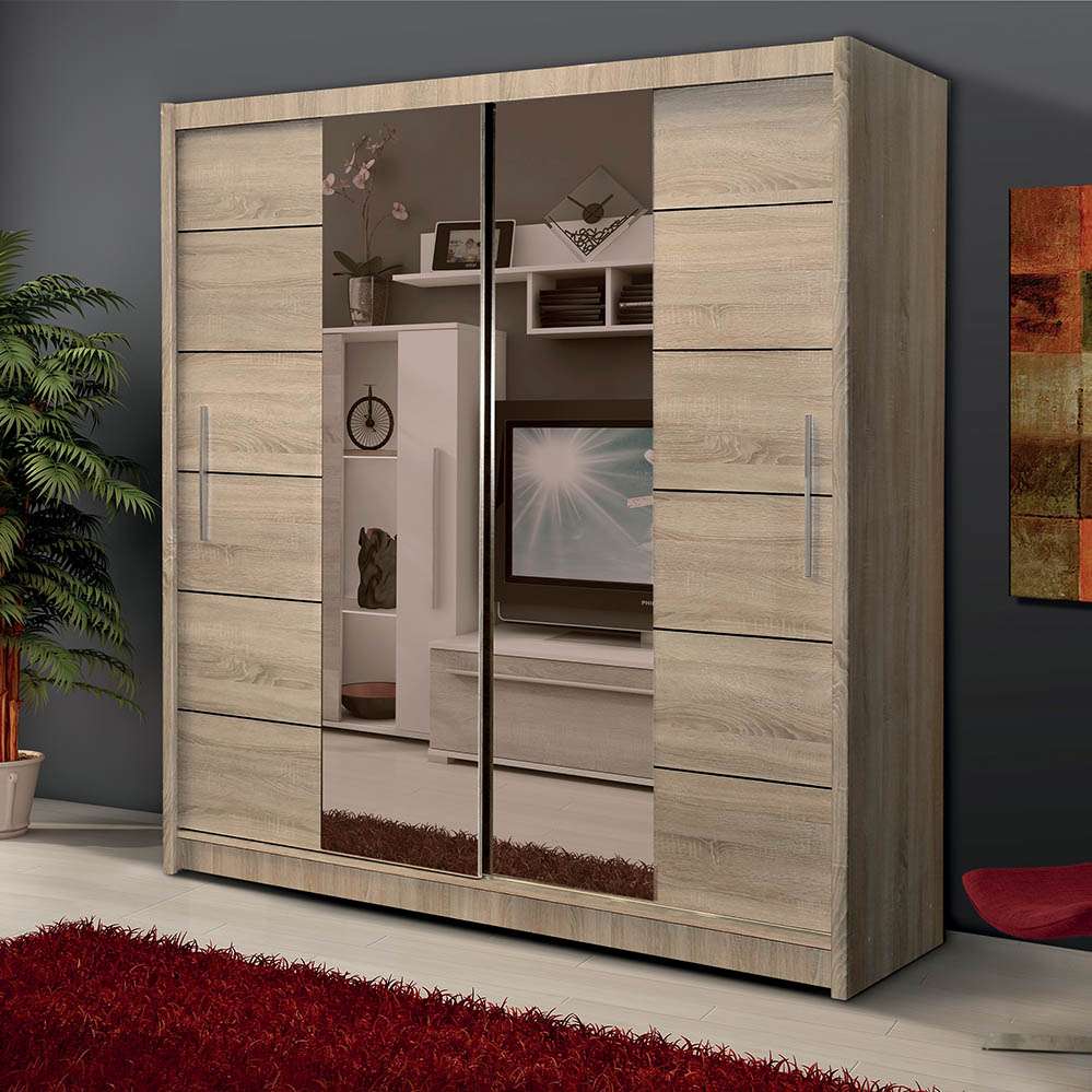 Elegant 2 Door Sliding Mirror Wardrobe Artisan Oak, Black, White, Grey, 203cm