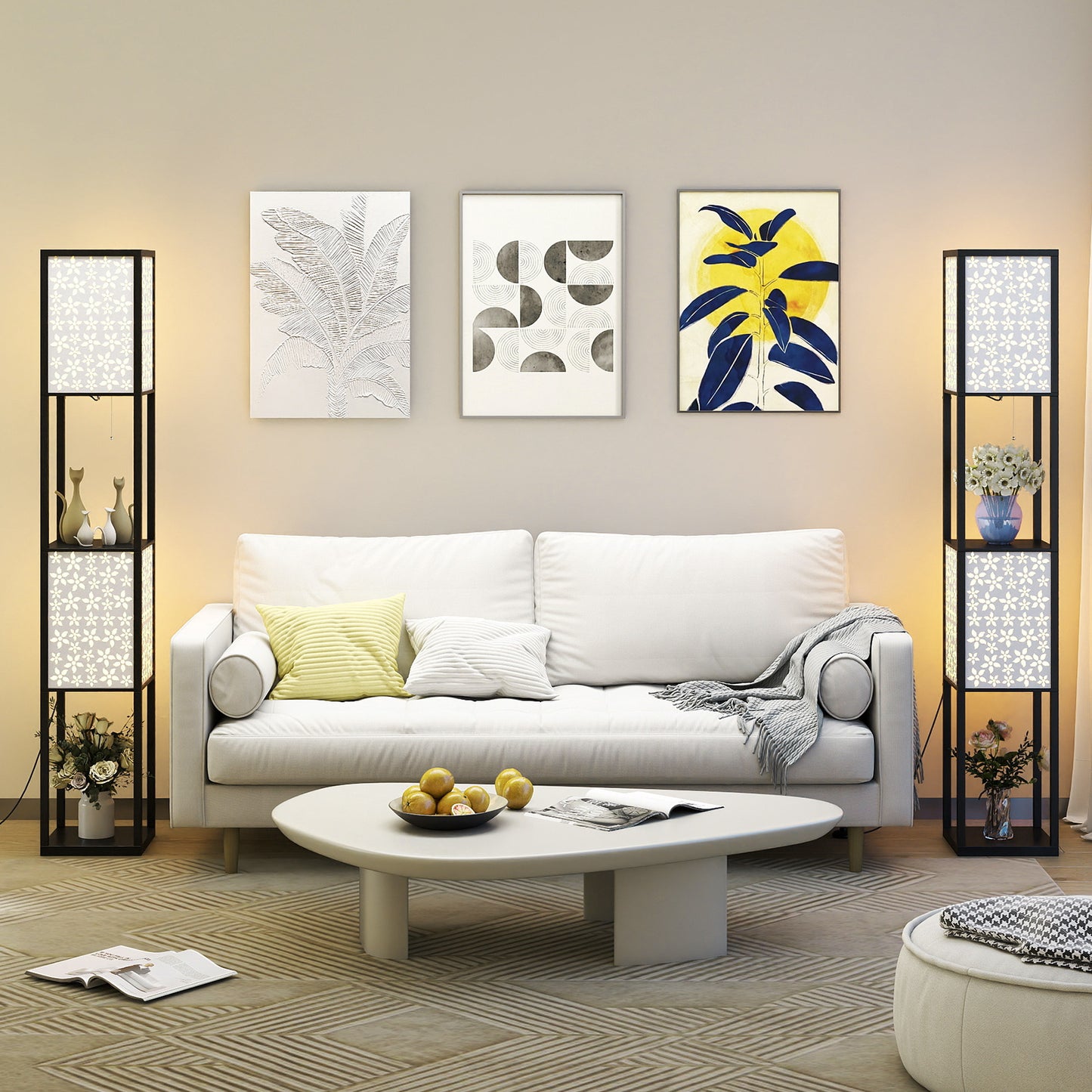 2-Light Floor Lamp with Shelves Wooden Shelf Lamp with 2 Cut-out Patterned Lampshades-Size 2