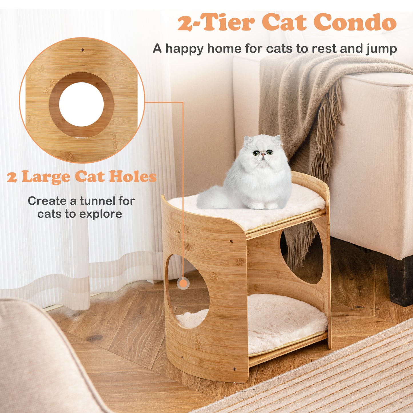 2-Tier Elevated Cat Bed Cat Tower with Natural Bamboo Frame-Natural & White