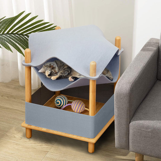2-Tier Wooden Cat House Modern Cat Tree with Semi-enclosed Condo-Grey