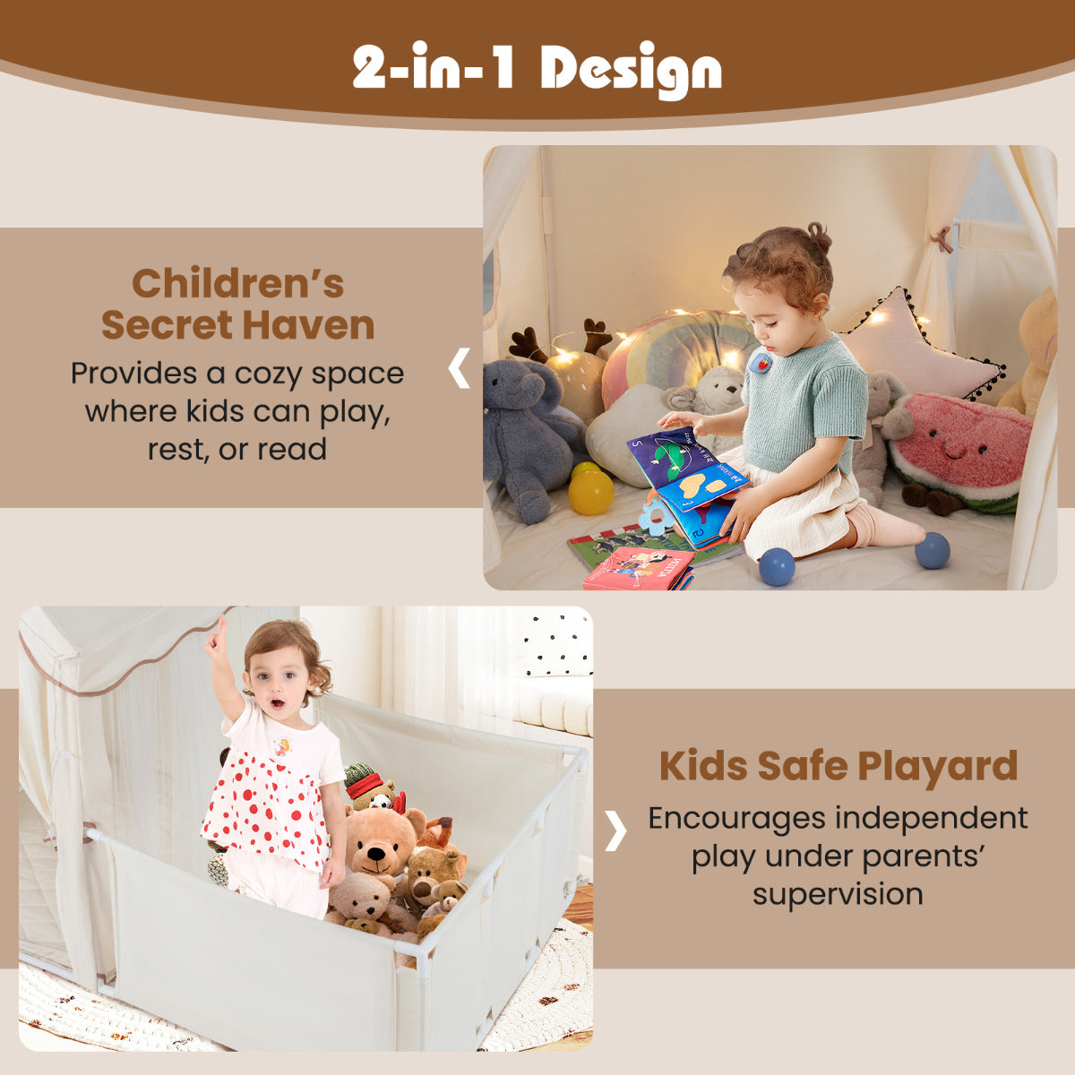 2-in-1 Kids Play Tent with Playpen and Washable Cotton Mat-Off White