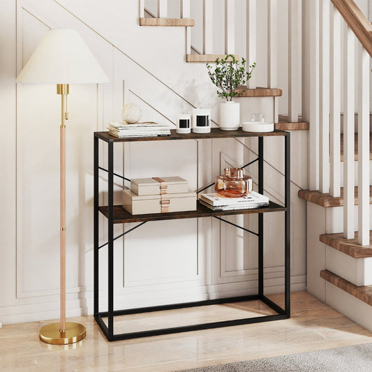 2-Tier Entryway Table with Marble Textured Open Shelves and Metal Frame-Rustic Brown