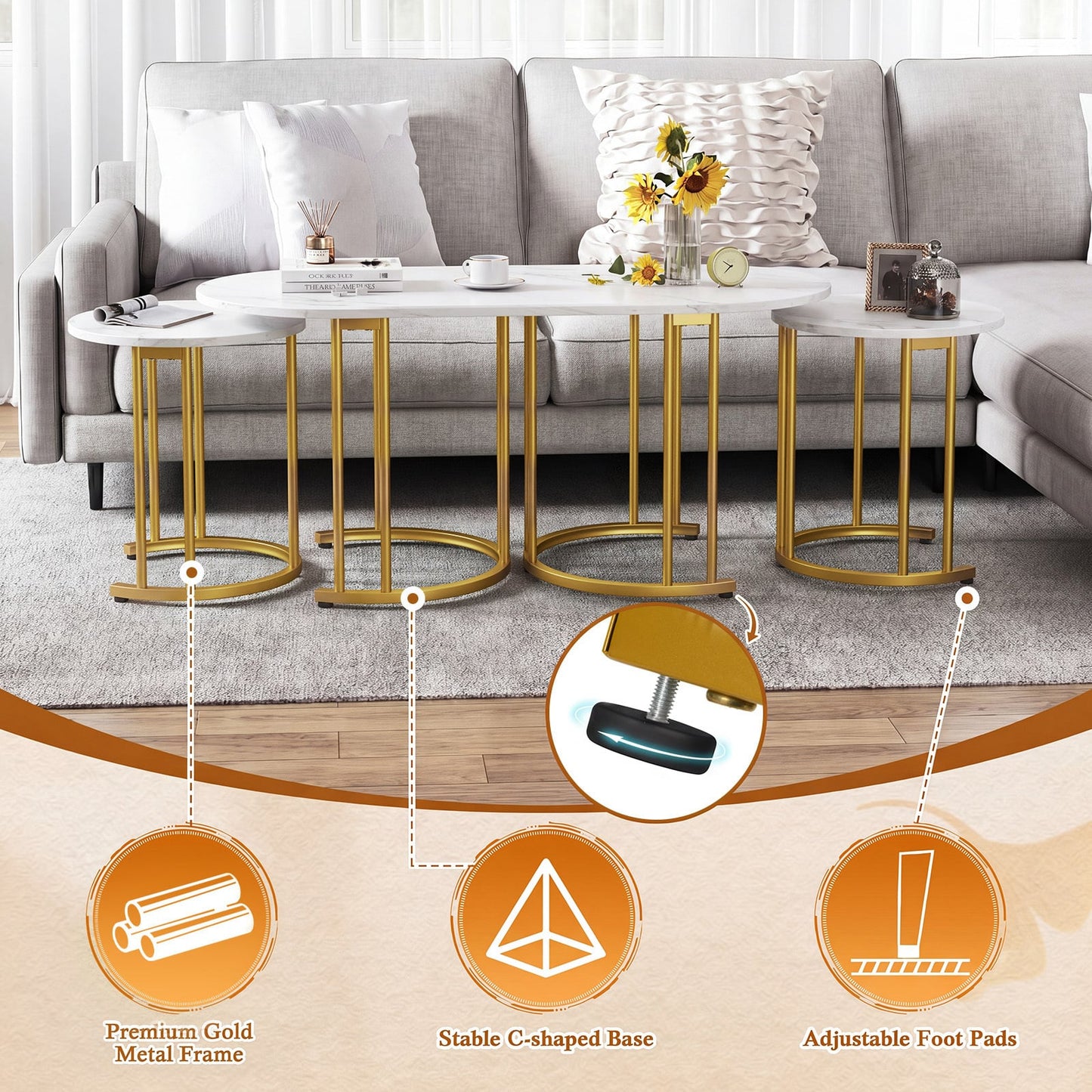 3-Piece Nesting Coffee Table Set 110cm Coffee Table with 2 Side Tables-White