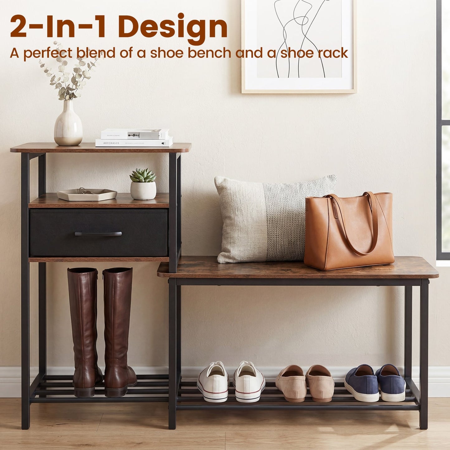 3-Tier Shoe Rack Bench Industrial Shoe Storage Bench with Drawer and Metal Frame for Living Room Mudroom-Brown