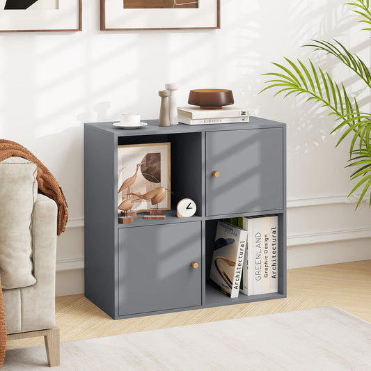 3-Tier Bookshelf with Dual Anti-Tipping Kits and 2 Cabinets-Grey