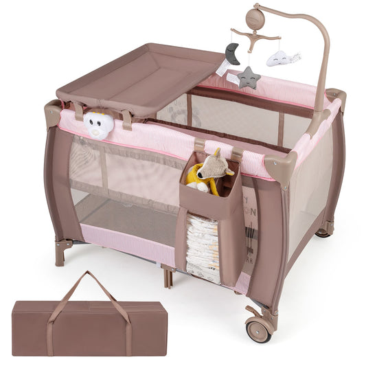 3 in 1 Baby Activity Center Foldable Pack and Play with Diaper Changing Table-Pink