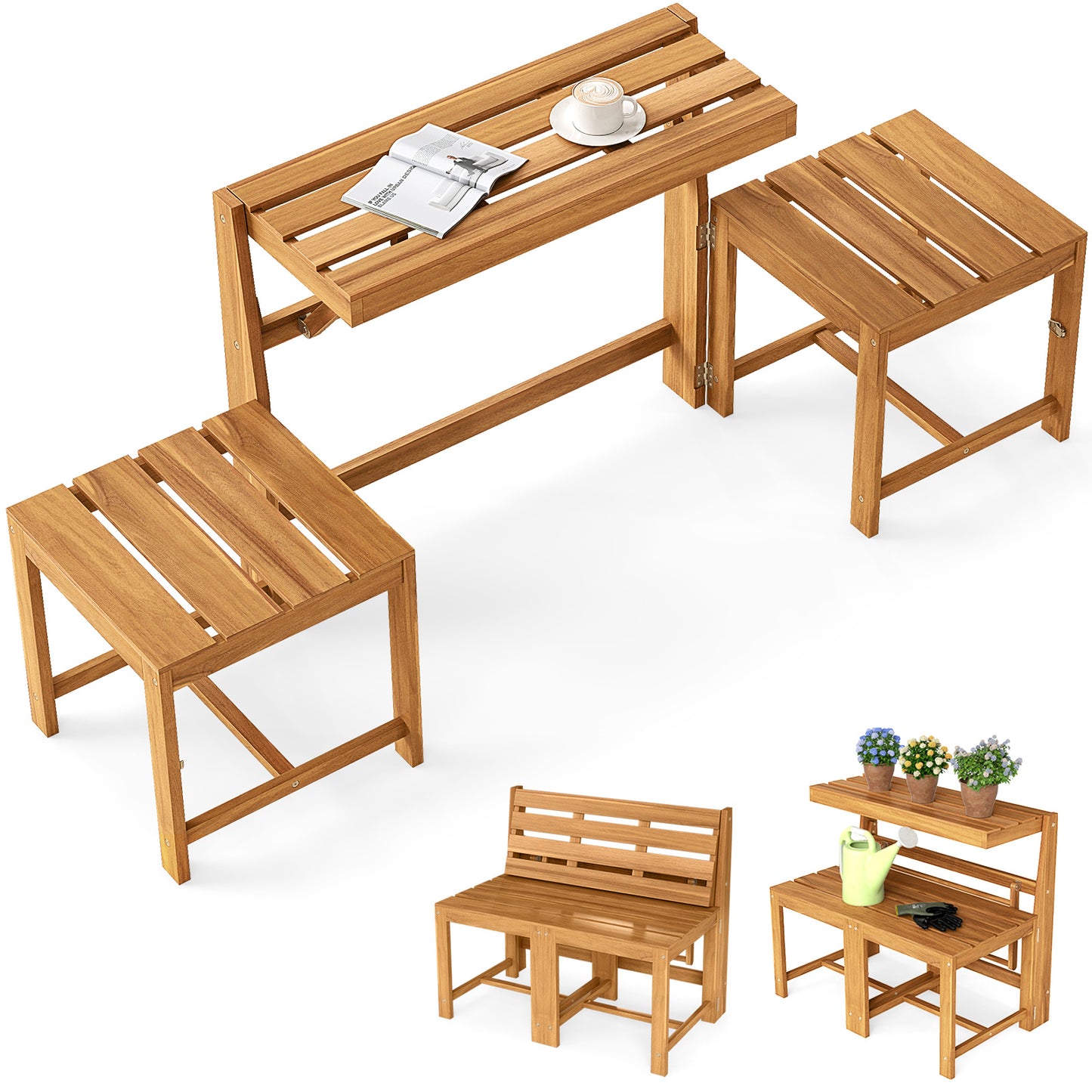 3-in-1 Convertible Bench with 2 Built-in Chairs for Patio
