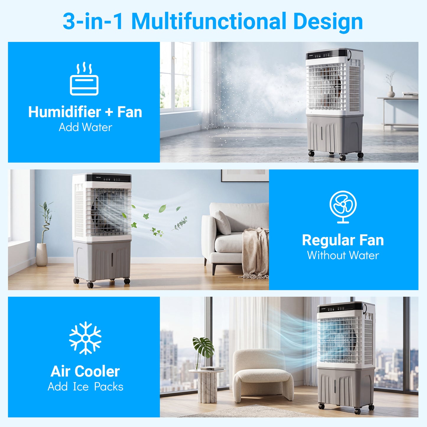 3-in-1 Evaporative Air Cooler with 20L Water Tank and 3 Speeds-White