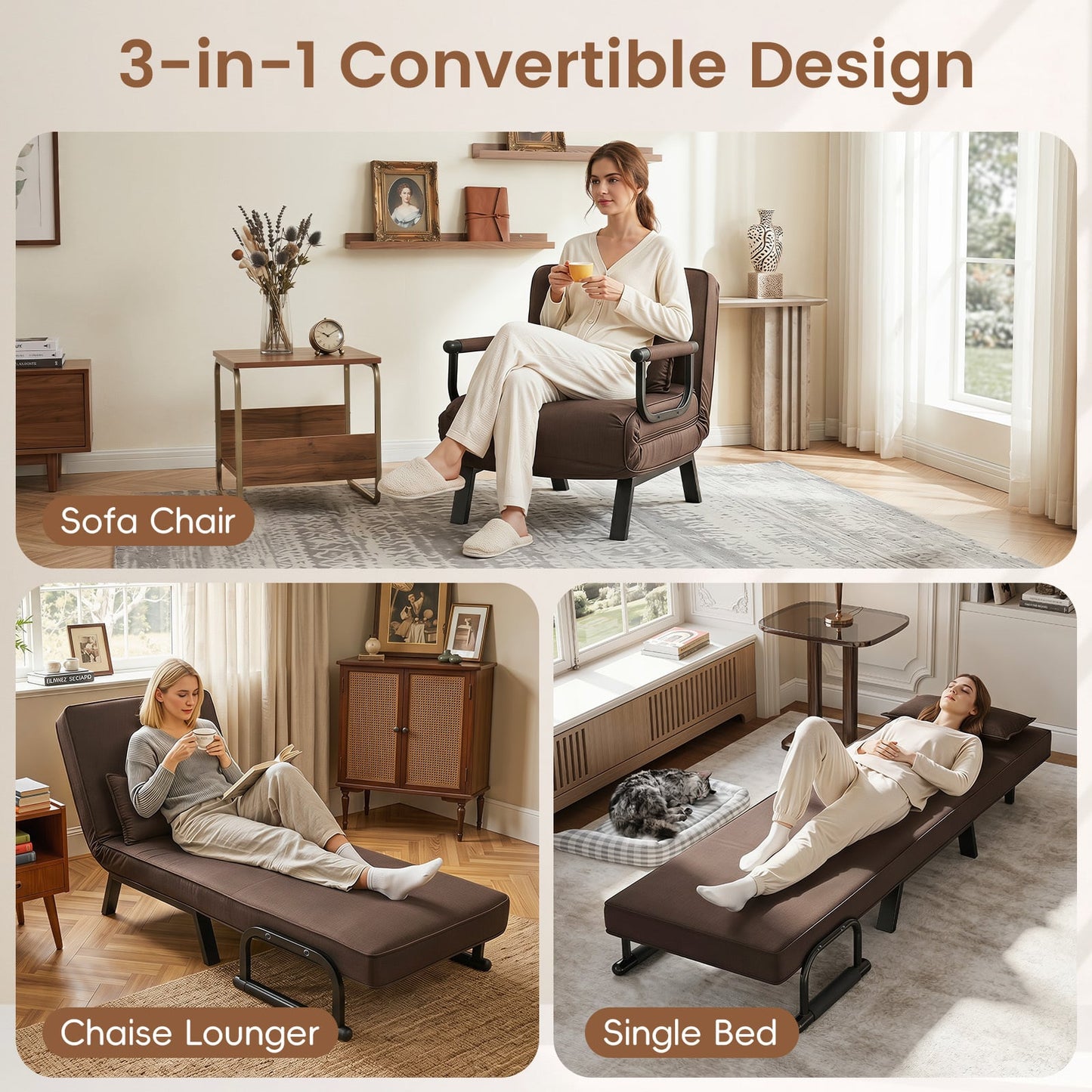3-in-1 Folding Sofa Bed with Adjustable Backrest with Adjustable Backrest-Brown