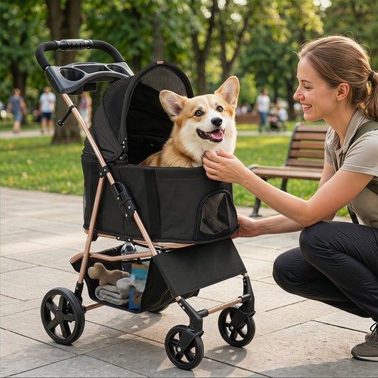 3-in-1 Pet Stroller for Small Medium Dogs with Detachable Carrier Cup Holder and Storage Basket-PW10185BK