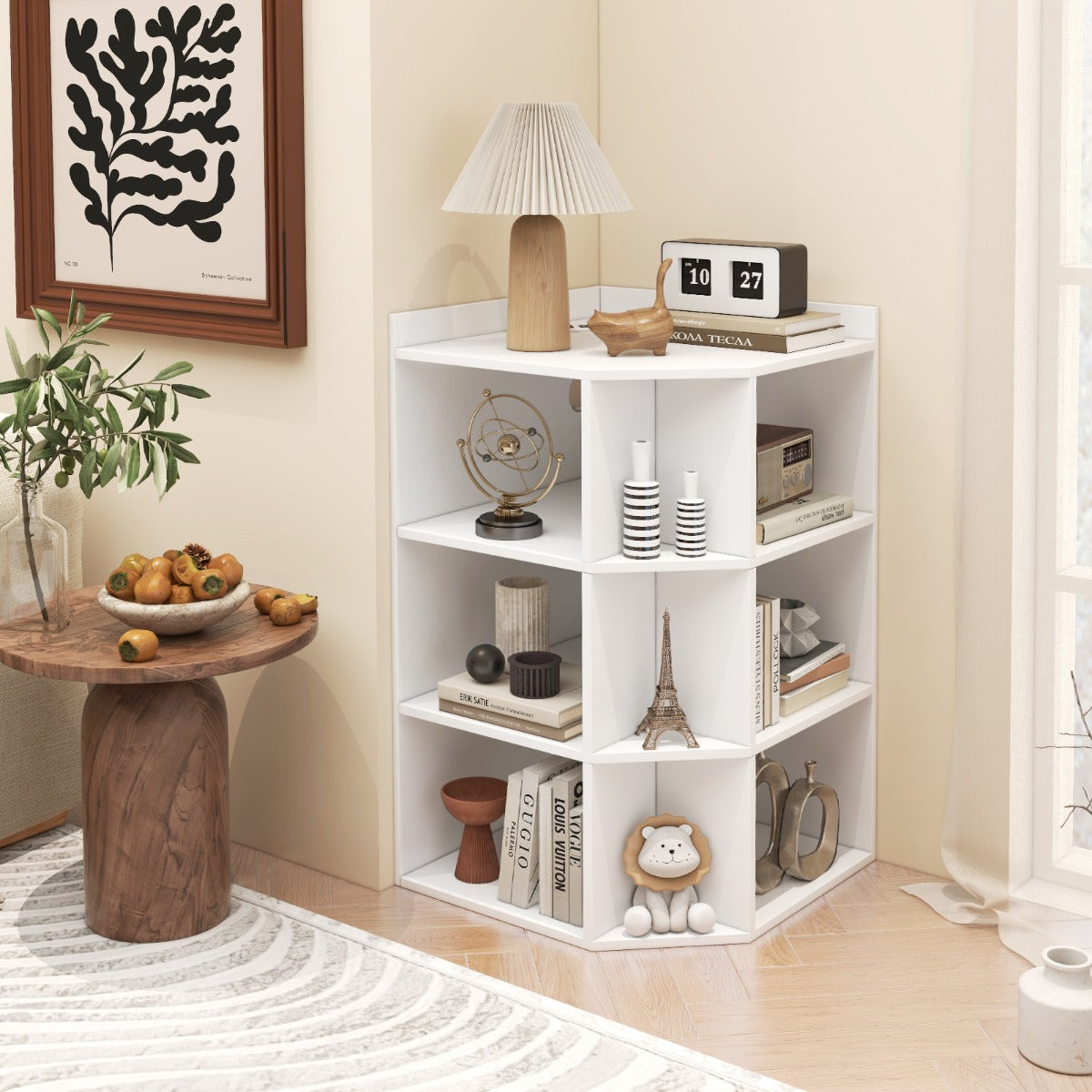 3-Tier Corner Cabinet with Charging Station and 9 Cubbies-White