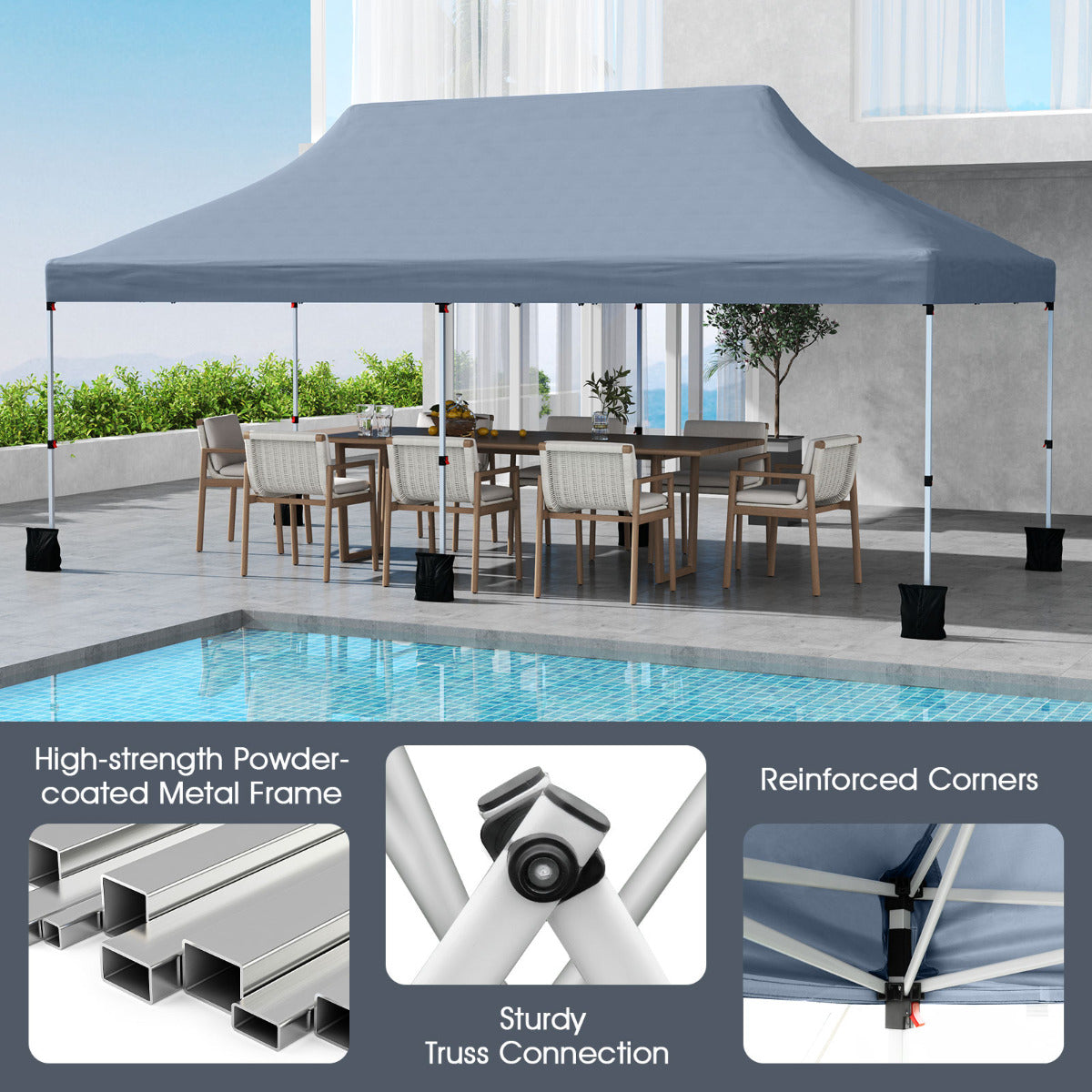 300 x 600 cm Pop up Canopy Tent with Carry Bag and 6 Sandbags-Grey