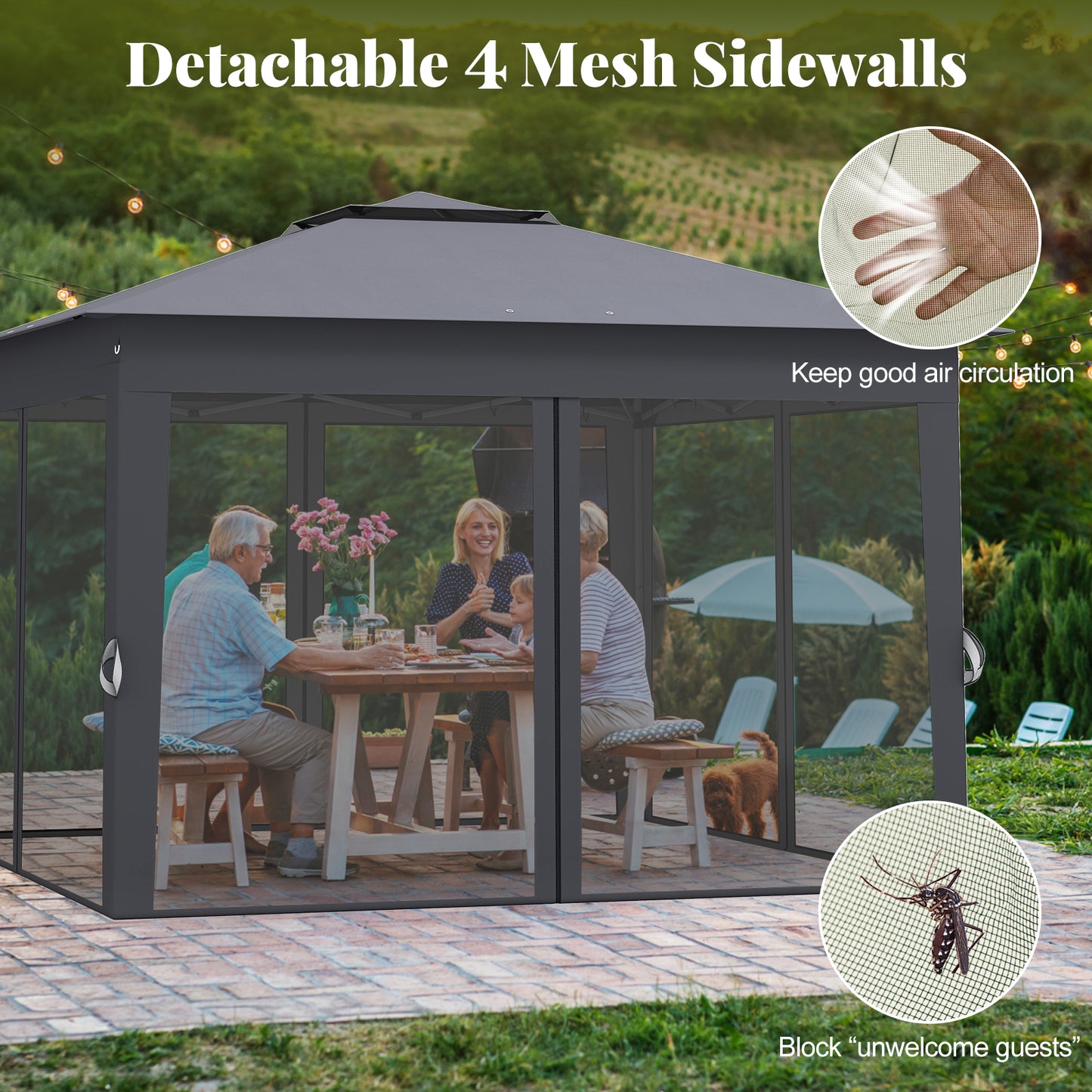 338 x 338 CM Pop Up Gazebo with Mesh Netting and Double Roof-Grey