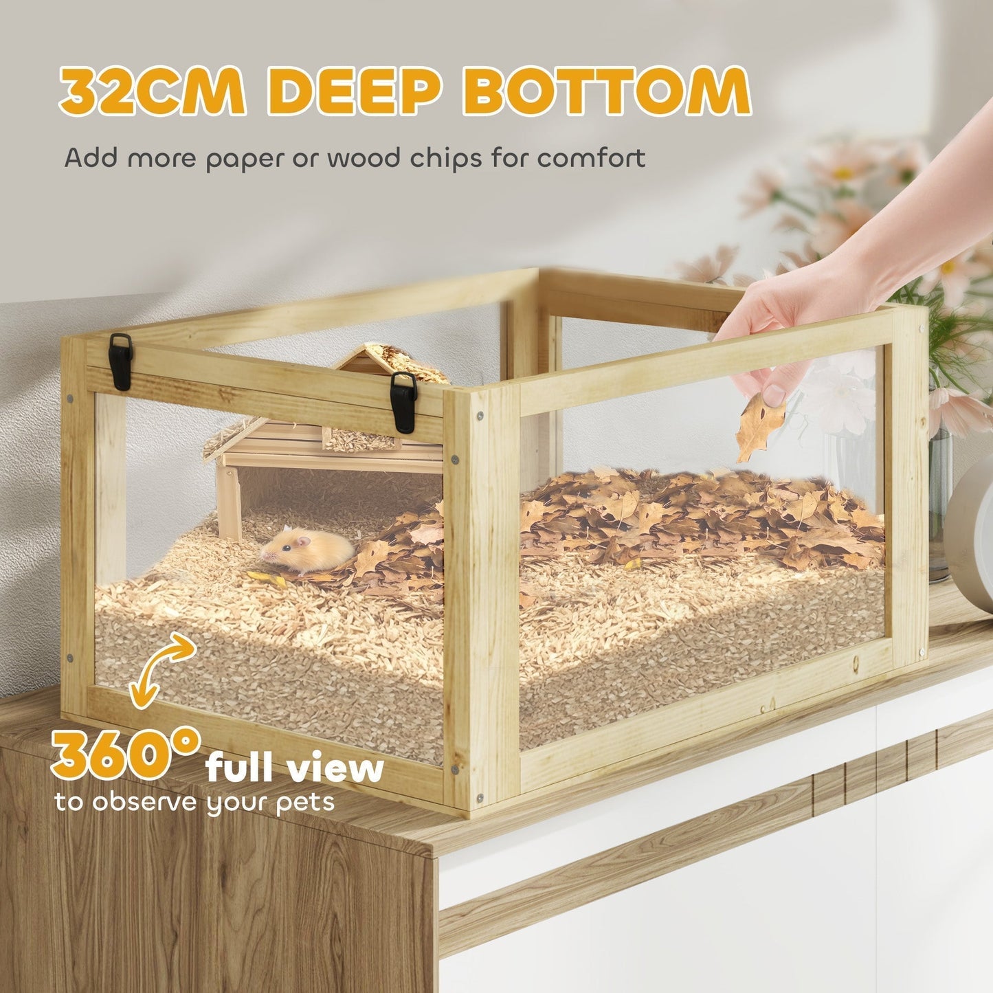 PawHut Wooden Hamster Cage with Detachable 32cm Deep Bottom, Hut, Seesaw, Exercise Wheel, Ramp, 60 x 40 x 75cm, Natural