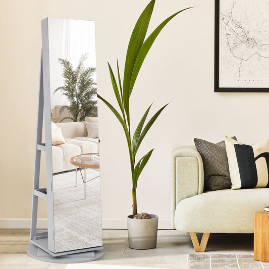 360-Degree Mirrored Jewelry Armoire with 3-Color Auto-on LED Lights-Grey