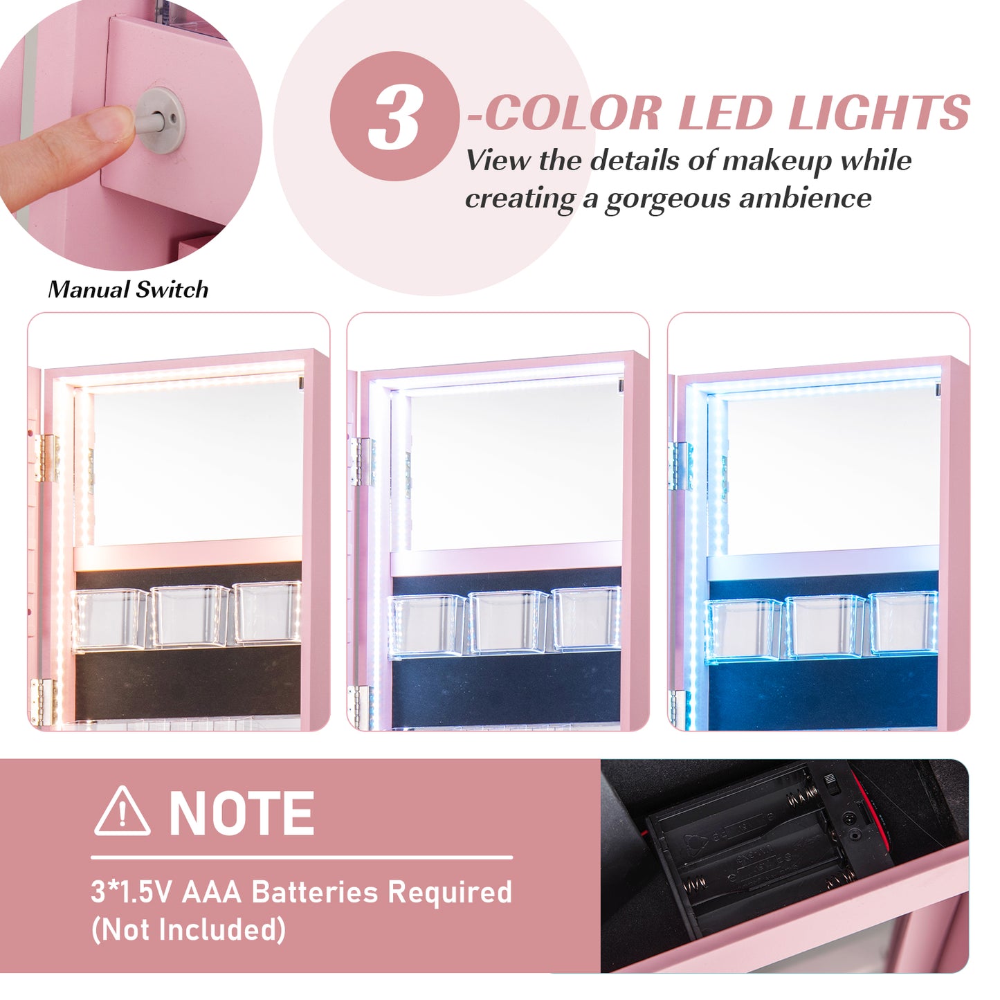360-Degree Mirrored Jewelry Armoire with 3-Color Auto-on LED Lights-Pink