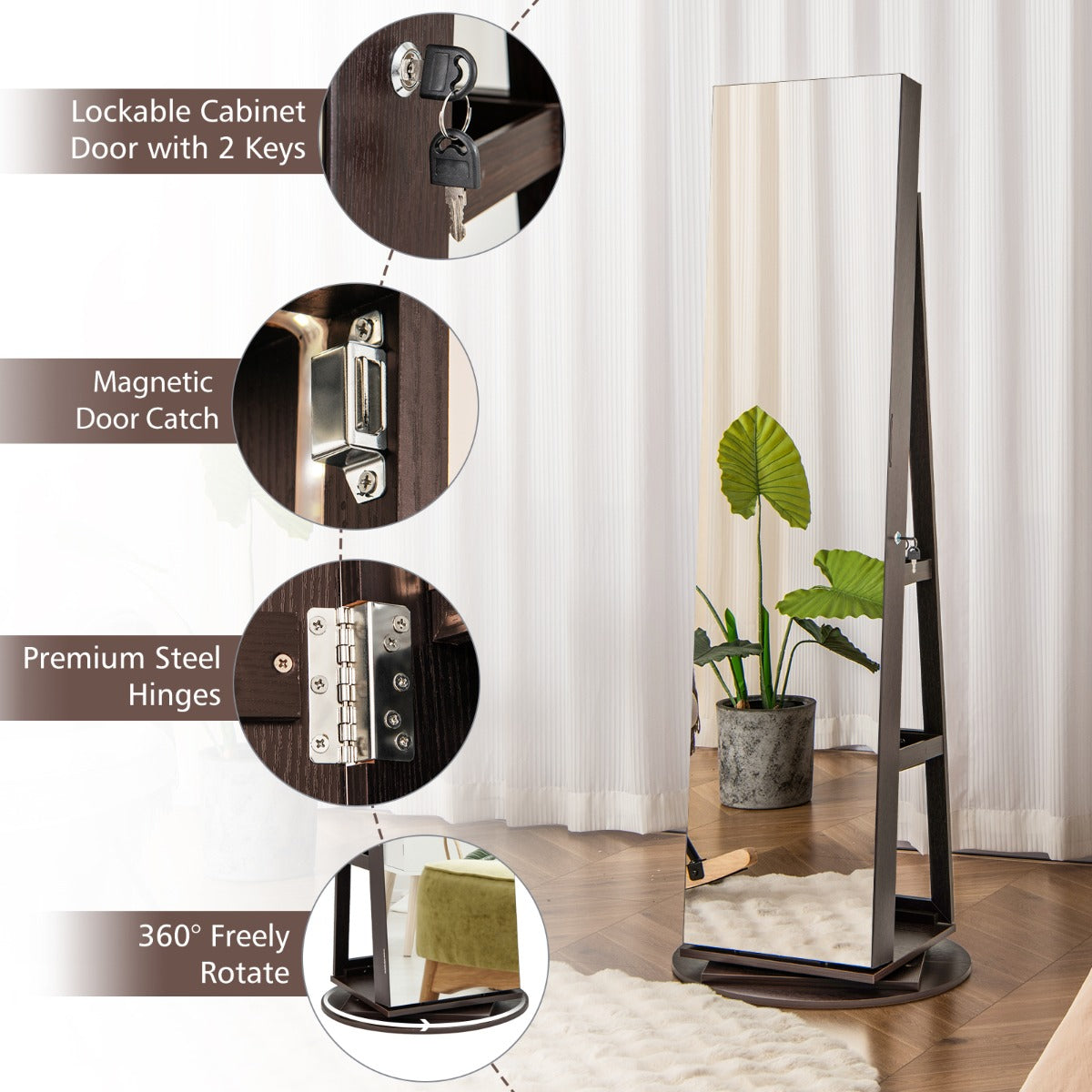 360-Degree Mirrored Jewelry Armoire with 3-Color Auto-on LED Lights-Brown