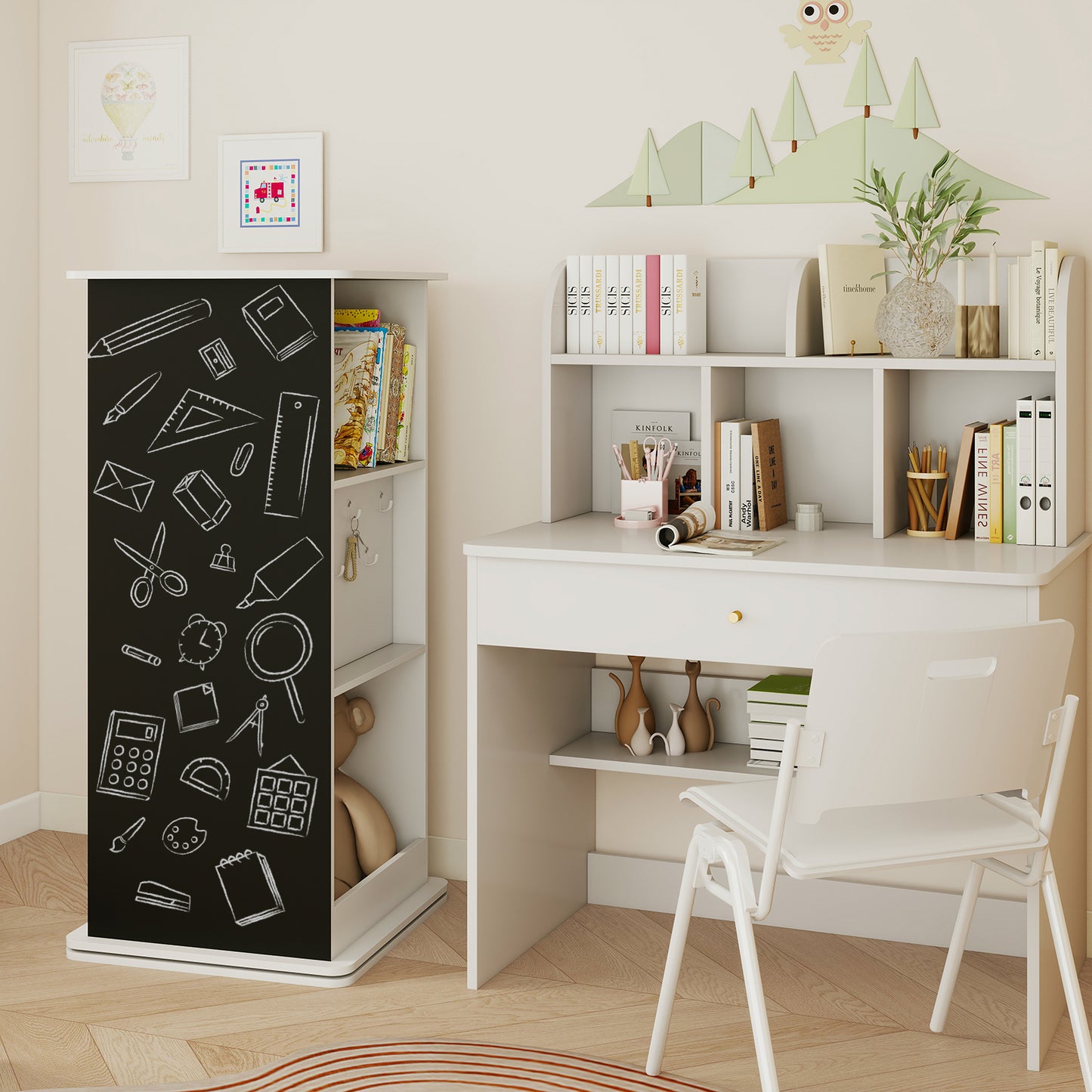 360° Spinning Corner Bookcase with Chalkboard and Open Compartments-White