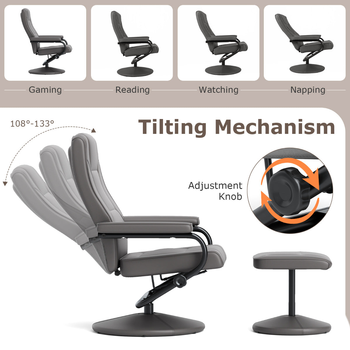360° Swivel Reclining Chair with Ottoman and Adjustable Backrest-Grey