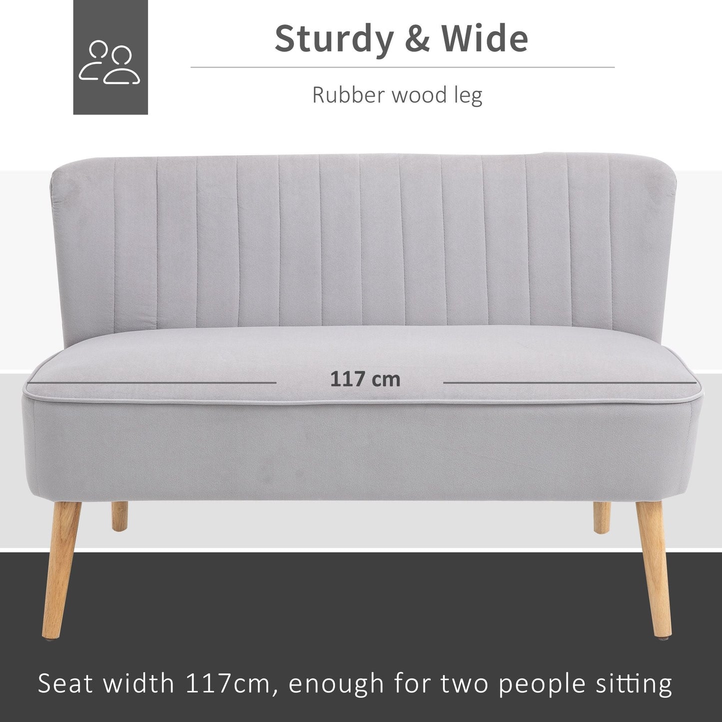 HOMCOM Modern Velvet Double Seat Sofa w/ Wood Frame Foam Padding High Back Soft Comfortable Compact Couch Light Grey