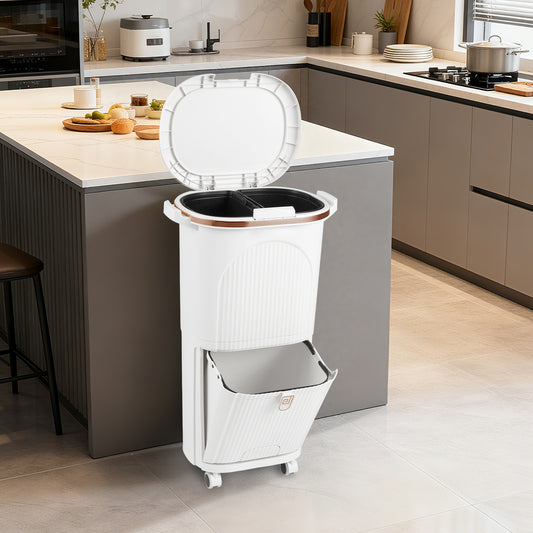 38L Kitchen Trash Can Sorting Garbage Bin with Lid 2 Detachable Buckets-White