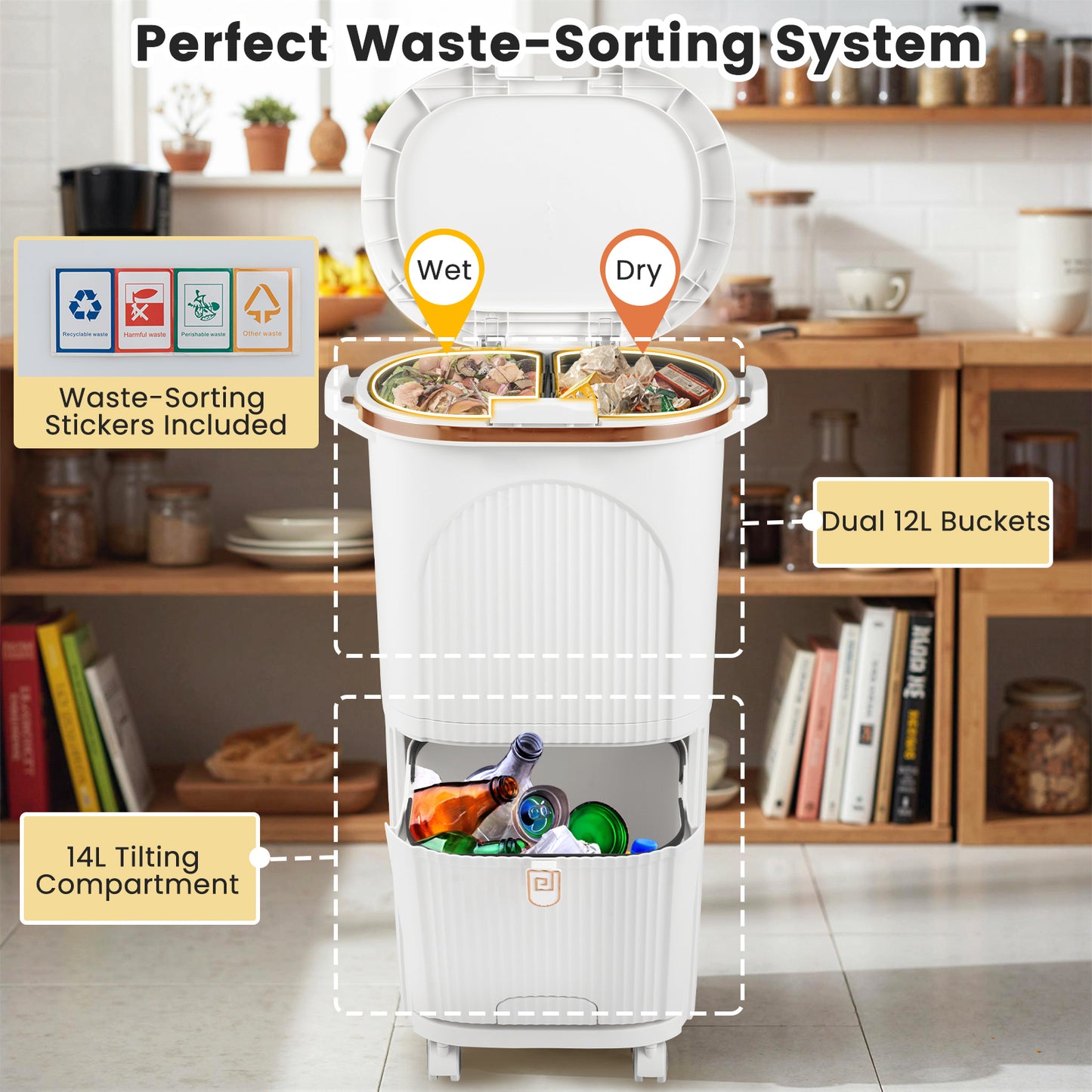 38L Kitchen Trash Can Sorting Garbage Bin with Lid 2 Detachable Buckets-White