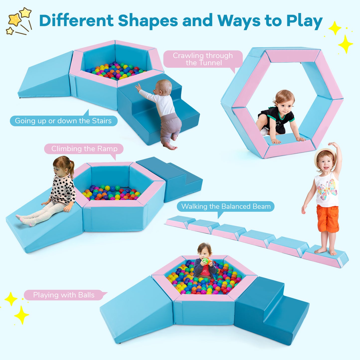 3-Piece Baby Foam Climbing Blocks Set with Ball Pit and Balls-Blue