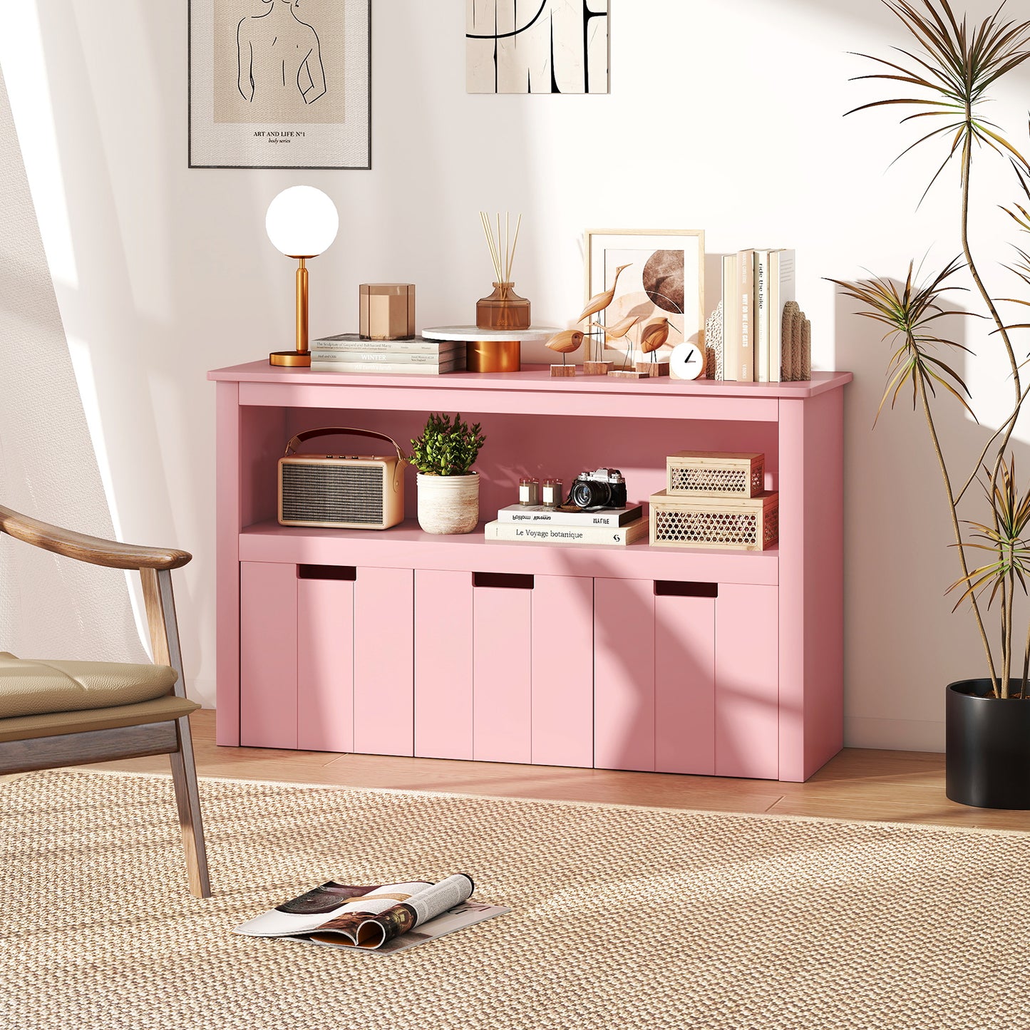 3-Drawer Wood Storage Cabinet with Wheels and Large Storage Space-Pink